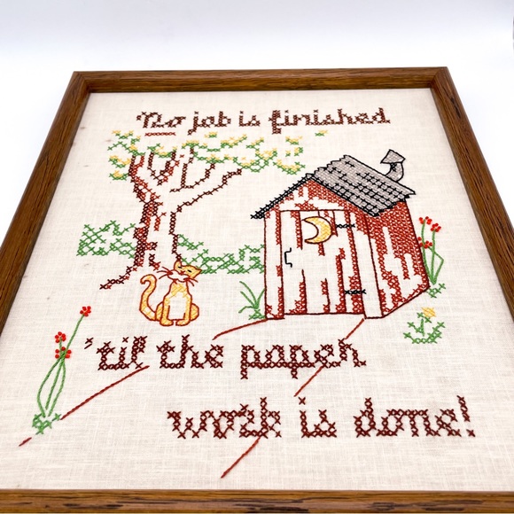 Vintage Cross Stitch Bathroom Sign No Job is Finished Wall Hanging - Picture 5 of 13